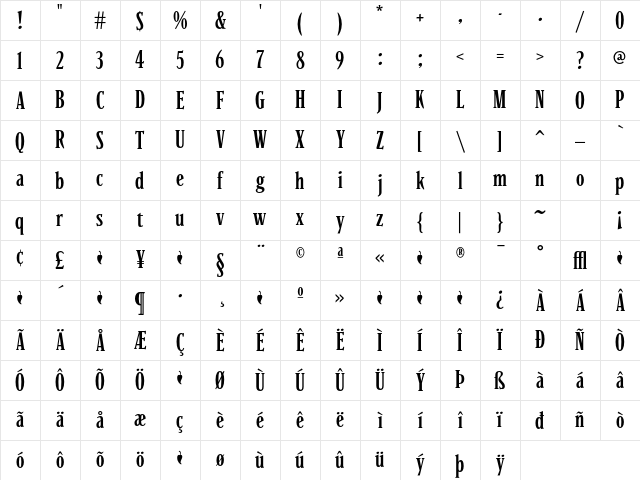 Parkinson CondensedLight Character Map