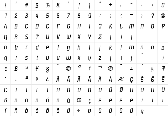 Pasadena-Serial RegularItalic Character Map