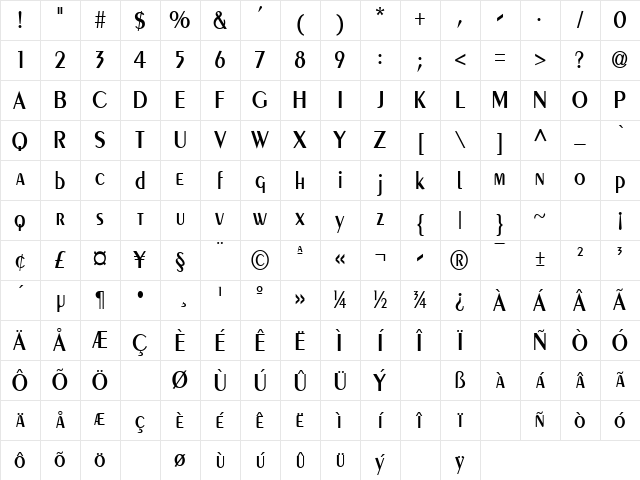 PelicentNarrow Normal Character Map