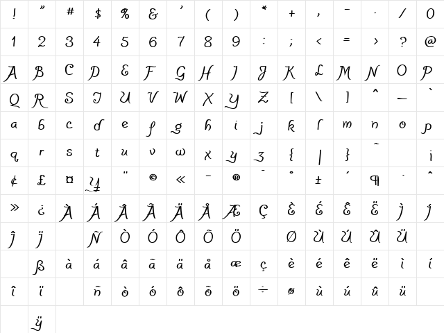 PensleCaligraf Bold Character Map