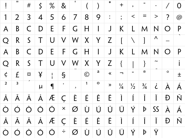 Penumbra Flare Std Regular Character Map
