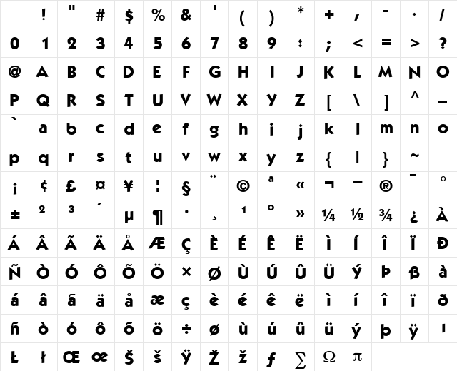 PerformaSSK Bold Character Map PerformaSSK Bold Character Map
