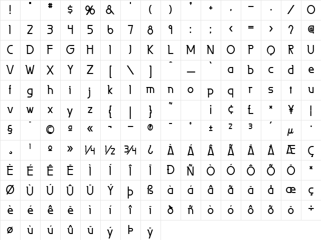 Persia-Condensed Bold Character Map