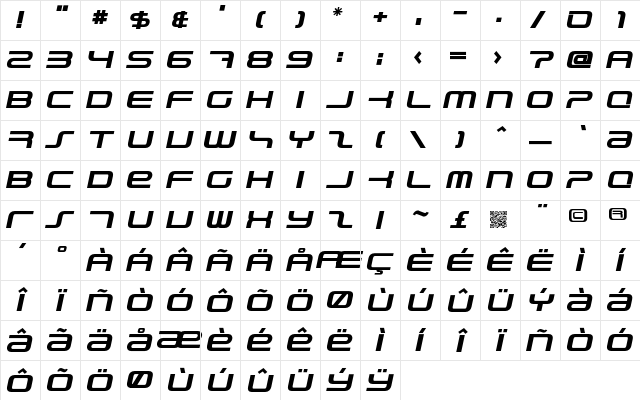 PhatBoy Slim Bold Italic Character Map