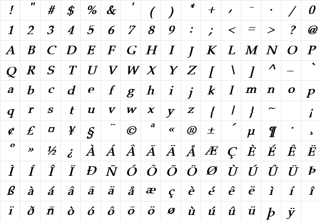 Pheasant Bold Italic Character Map Pheasant Bold Italic Character Map