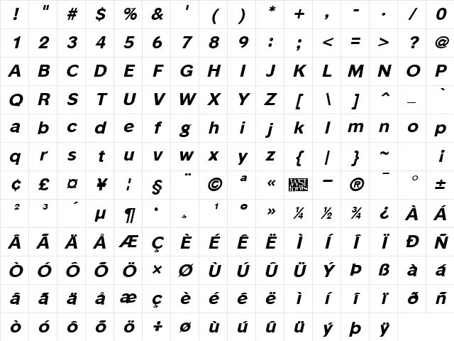 PhinsterExtrabold Italic Character Map