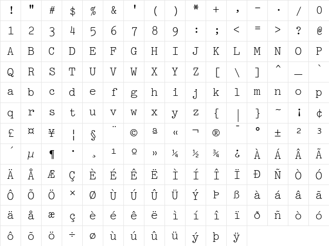 Pica 10 Pitch Regular Character Map