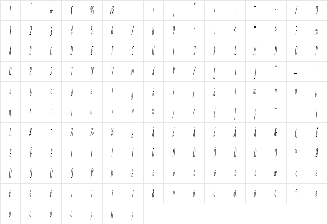 Pintop Extra-condensed Italic Character Map