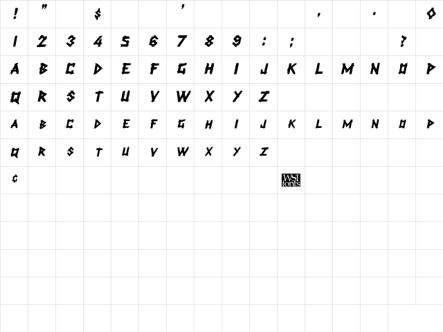 PlanksDisplayCaps Italic Character Map
