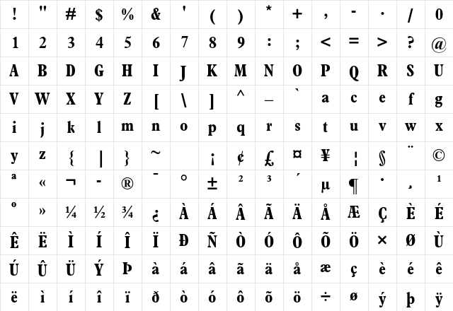 Plantin Std Bold Condensed Character Map