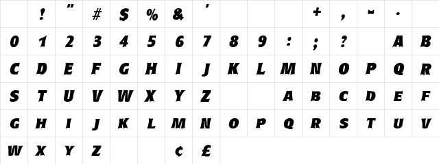 PlauditCaps Oblique Character Map