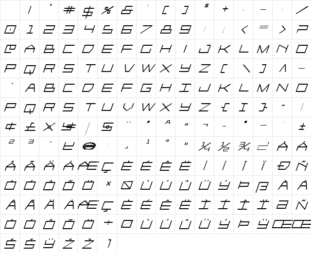 Player 1 Up Heavy Italic Heavy Character Map