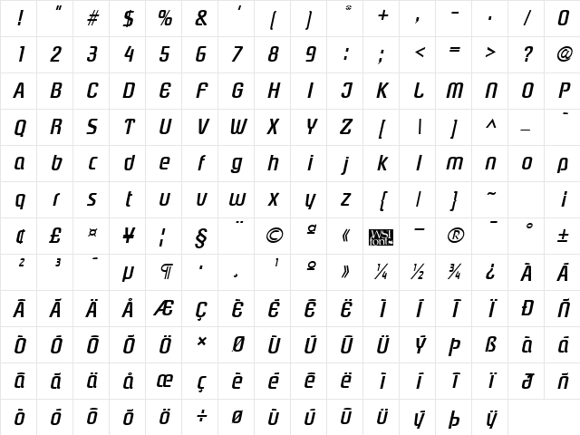 Plover Bold Italic Character Map
