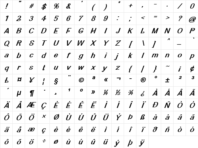 Presta Bold Italic Character Map