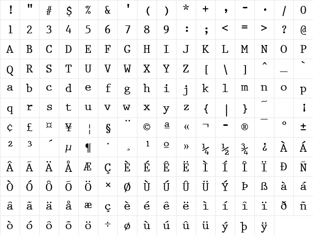 Prestige Regular Character Map