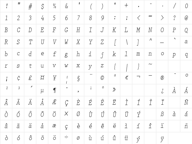PrestigeCond Oblique Character Map