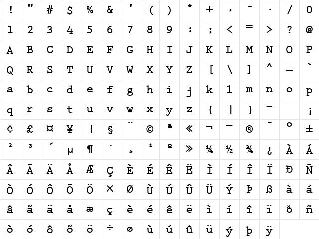 PrestigeElite Bold Character Map