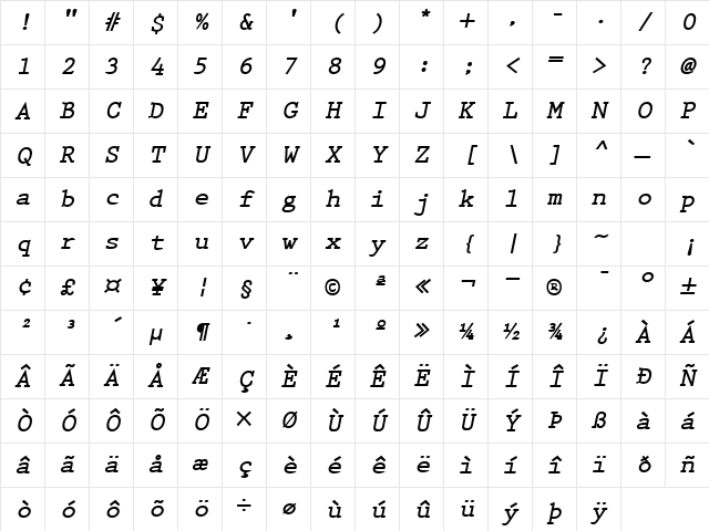 PrestigeElite Bold-Oblique Character Map