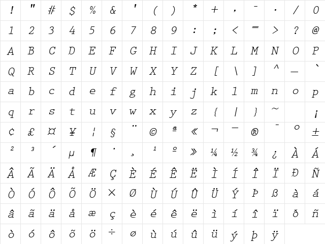 PrestigeElite Oblique Character Map PrestigeElite Oblique Character Map