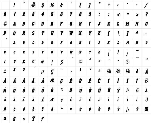 Princeton Solid-Condensed Italic Character Map Princeton Solid-Condensed Italic Character Map