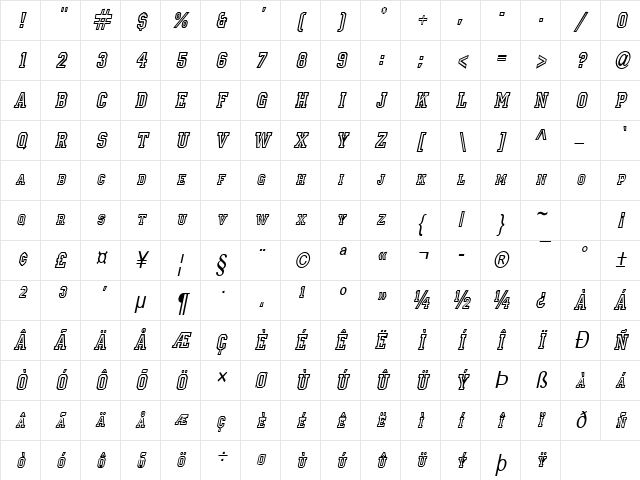 Princeton-Condensed Italic Character Map Princeton-Condensed Italic Character Map