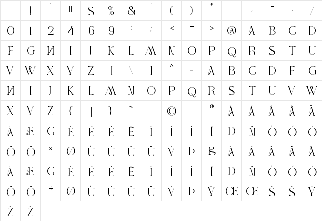 MOXA Bestine Regular Character Map MOXA Bestine Regular Character Map