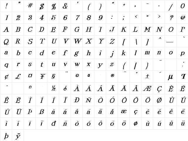 ProvLite-BoldIt Normal Character Map ProvLite-BoldIt Normal Character Map