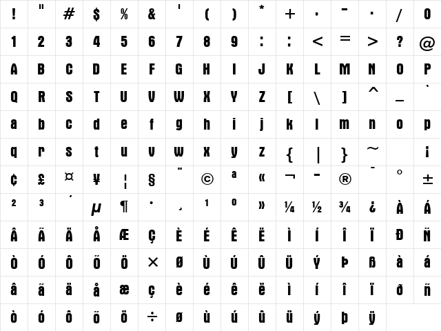 Aurora Bold Character Map