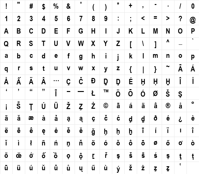 Arial Narrow Special G1 Bold Character Map