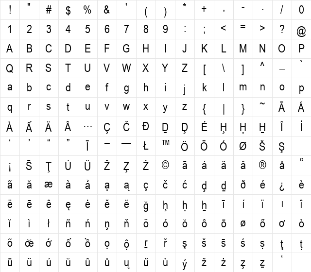 Arial Narrow Special G1 Regular Character Map