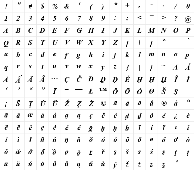 Times New Roman Special G1 Bold Italic Character Map