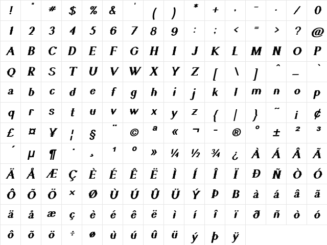 Quickdraw Bold Italic Character Map