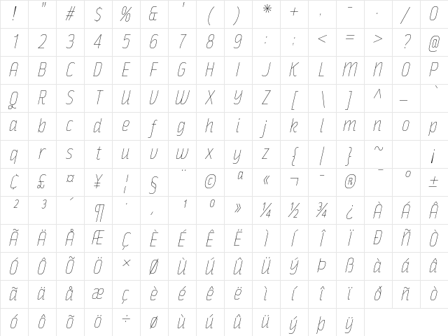 Rakesly UltraLight Italic Character Map
