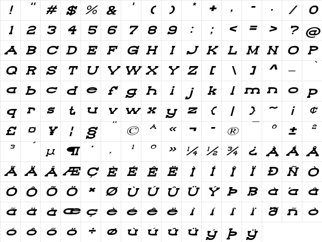 Range Rider Expanded Italic Character Map