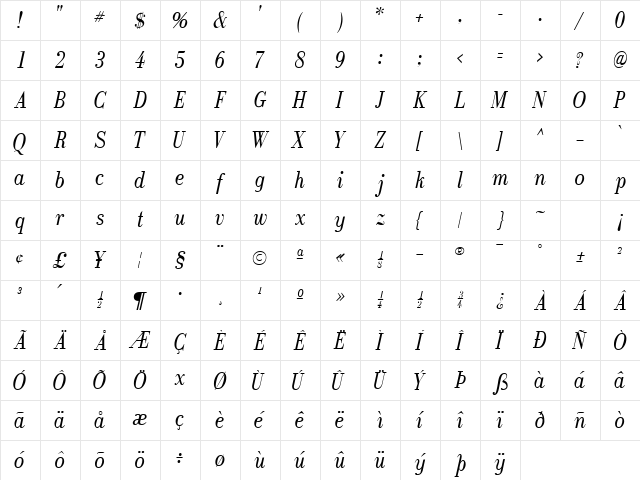 RecitalSSK Italic Character Map RecitalSSK Italic Character Map