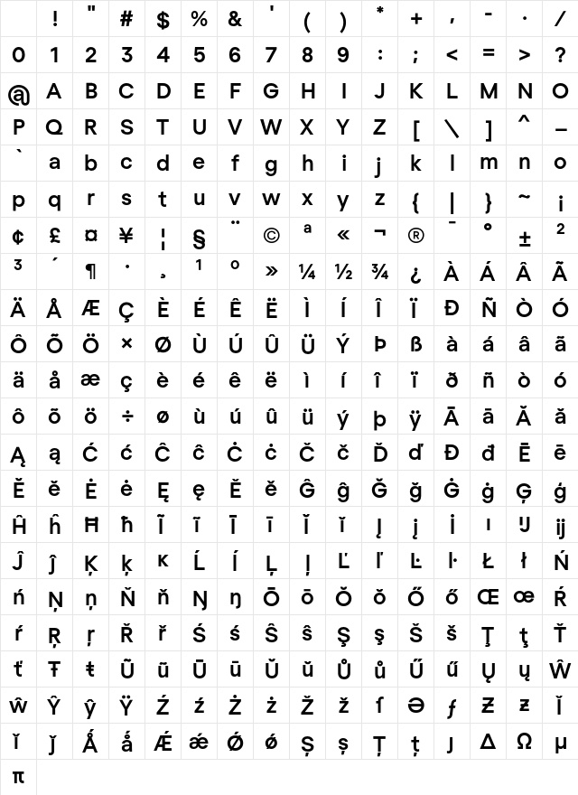 Regola Pro Bold Character Map
