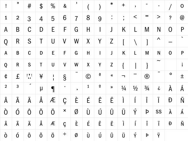 MVGothicCondSC Regular Character Map