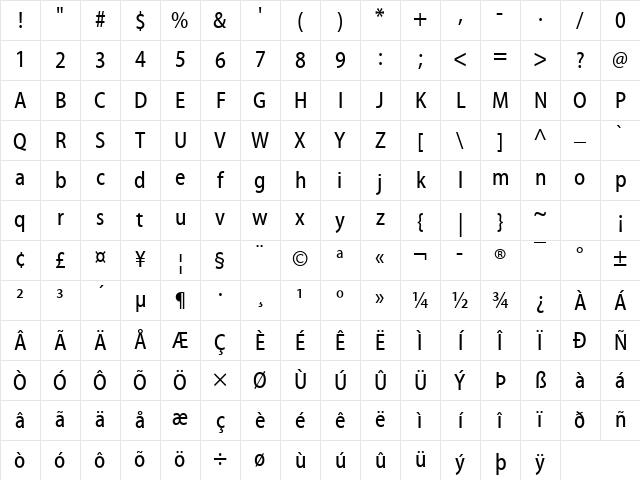 Myriad Condensed Web Regular Character Map