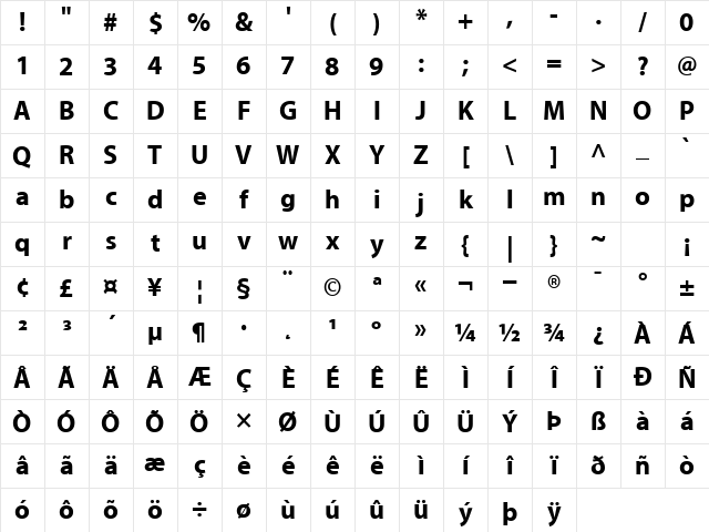 MyriadBold Normal Character Map
