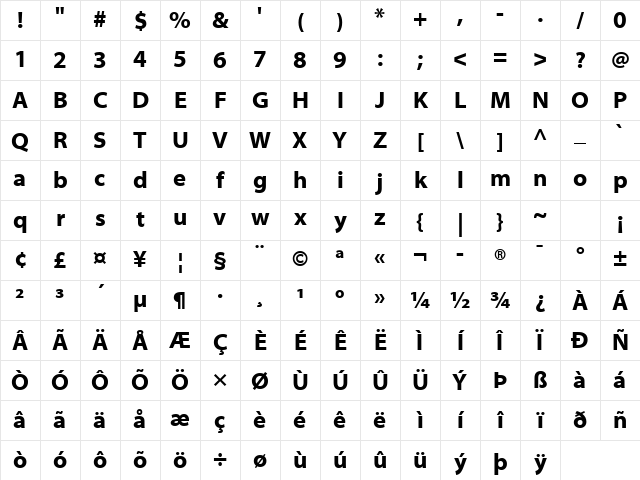 Myriad Web Pro Bold Character Map