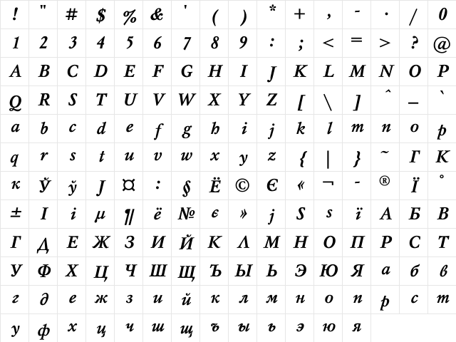 Mysl Bold Italic Character Map