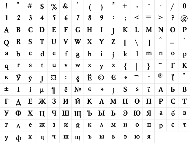 Mysl Bold Character Map