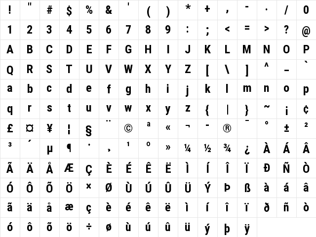 Roboto Condensed Bold Character Map
