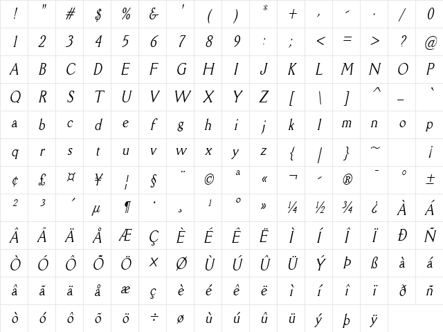 Rory-Condensed Italic Character Map