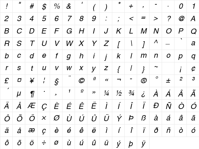 NimbusSanL Italic Character Map NimbusSanL Italic Character Map
