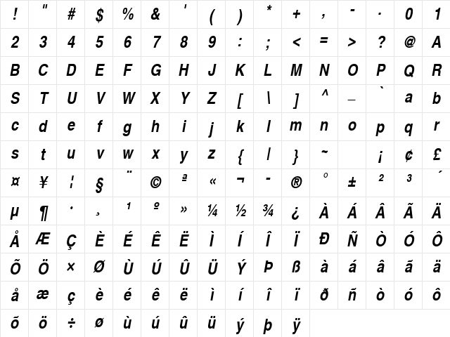 NimbusSanLCon Bold Italic Character Map NimbusSanLCon Bold Italic Character Map