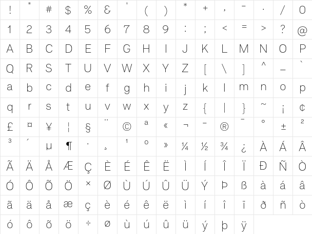 RT Dromo Thin Regular Character Map RT Dromo Thin Regular Character Map