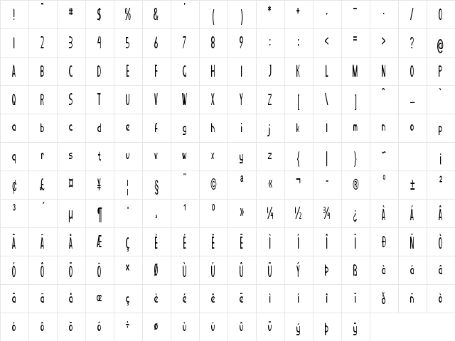 Rugrat Extra-condensed Bold Character Map