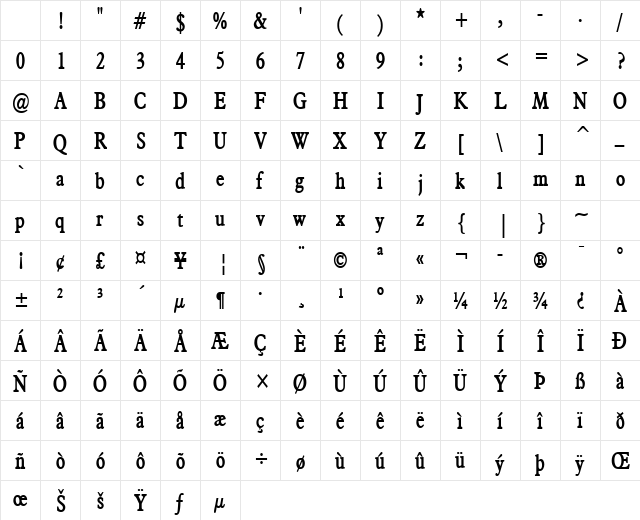 Nadine Thin Bold Character Map