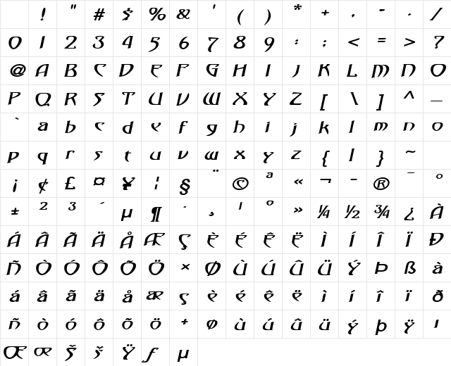 Saga-Expanded Bold Italic Character Map Saga-Expanded Bold Italic Character Map